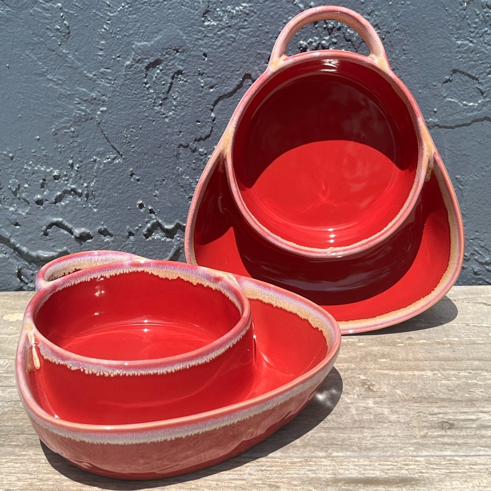 LTD COMMODITIES SOUP AND CRACKER BOWL SET- RED CERAMIC GLAZED
